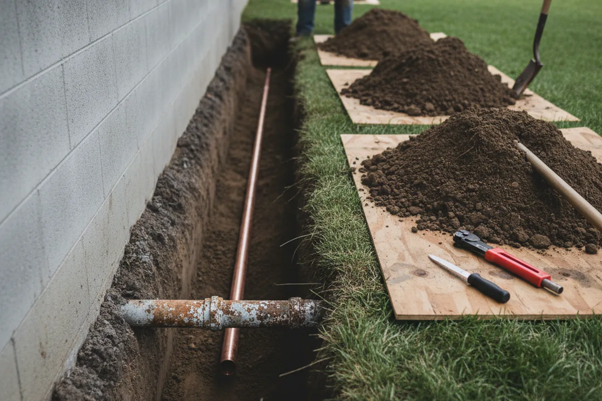 Excavated water line trench during Water Softener Installation in East Bridgewater